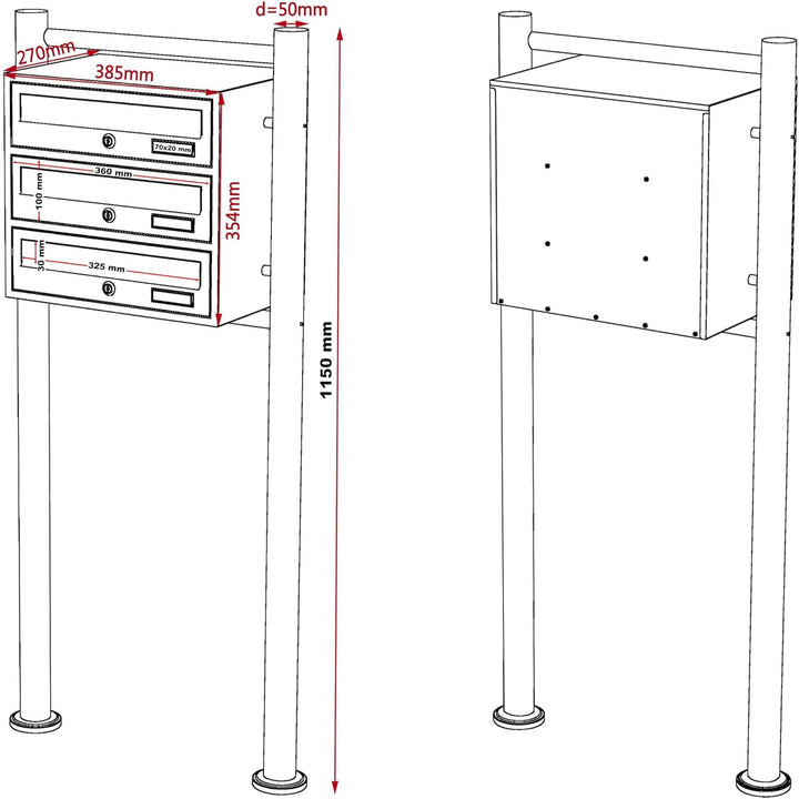 Wiltec 3er Briefkastenanlage weiss 513 x 270 x 1150 mm, Standbriefkasten mit 3 Fächern, Schlüssel un