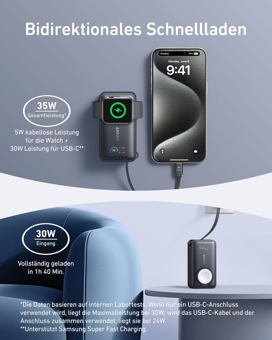 Anker MagGo Powerbank für Apple Watch, offiziell Zertifiziert, 10.000mAh kompaktes Akkupack mit inte