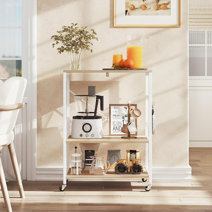 WOLTU Küchenregal auf Rollen, Mikrowellen-Regal mit 3 Ablagen & 4 Haken, dreistufiger Servierwagen m