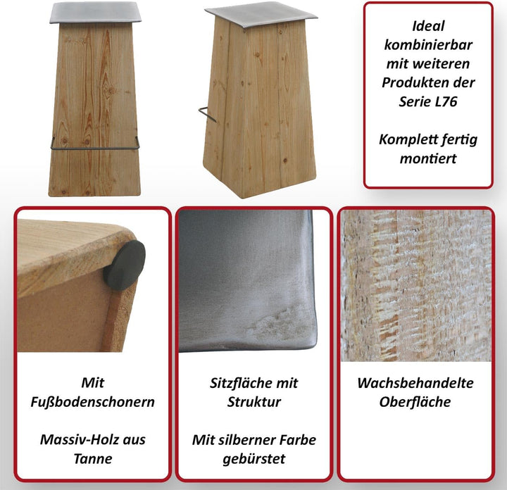 Barhocker HWC-L76, Barstuhl Tresenhocker, Industrial Massiv-Holz MVG-Zertifiziert, Natur mit Metall-