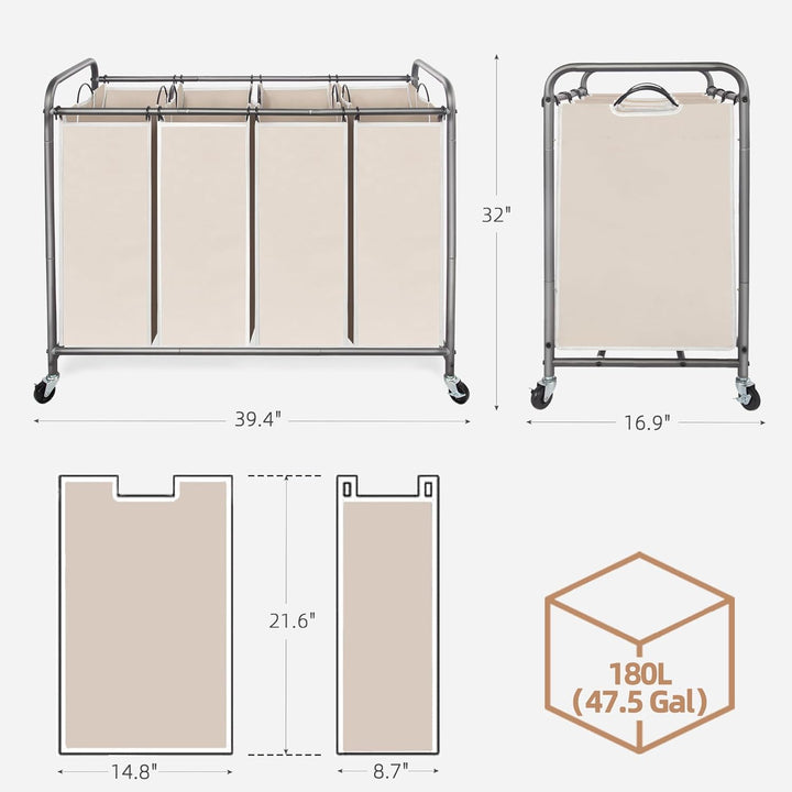 STORAGE MANIAC Wäschesortierer mit 4 Abschnitten und herausnehmbaren Beuteln, Beige, umweltfreundlic