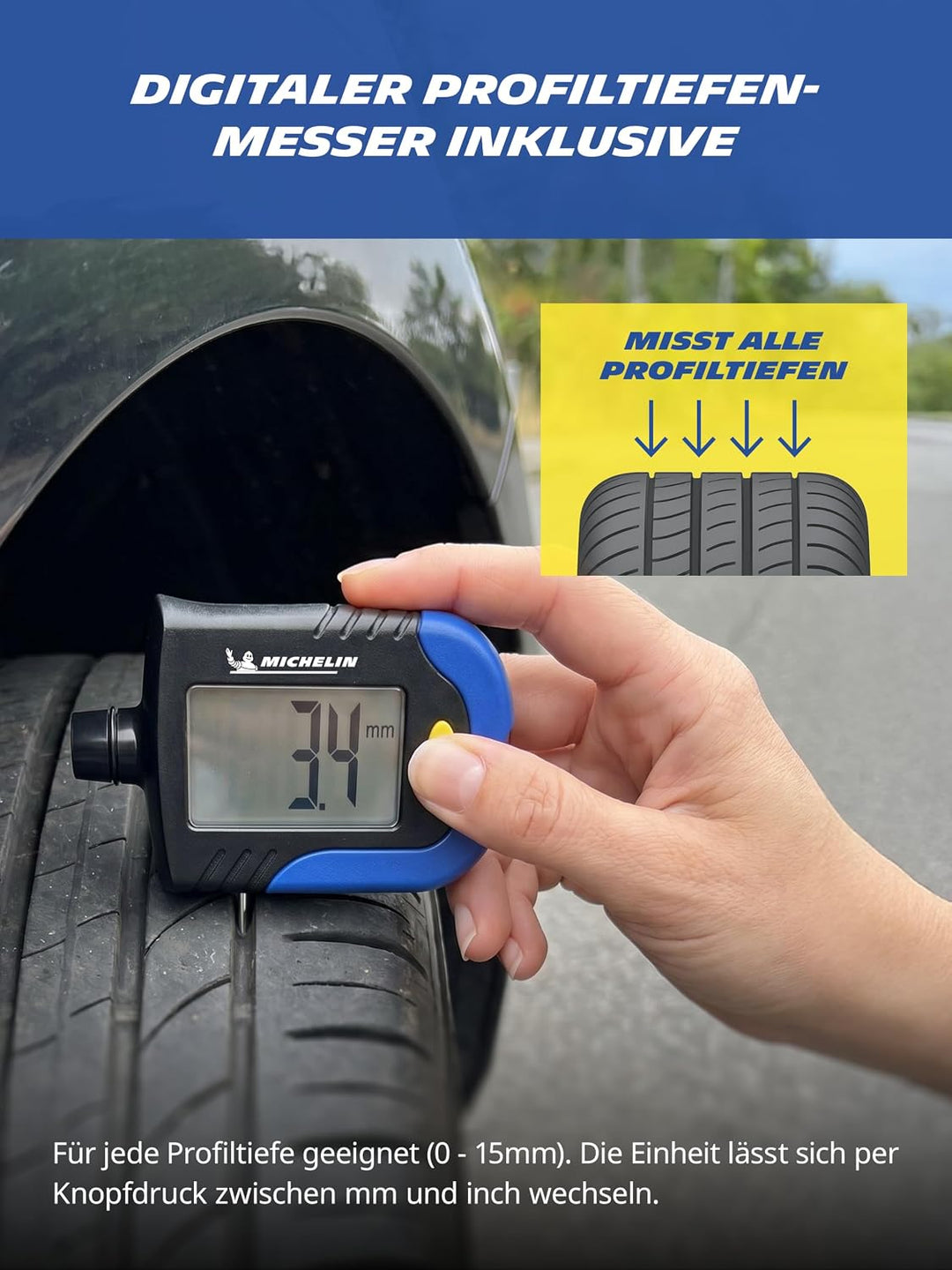 MICHELIN 9526 Reifendruck Prüfer Digitaler Luftdruckprüfer Reifen Manometer mit Profiltiefenmesser R