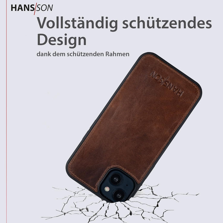 HANS/SON Echtlederhülle in Cognac | iPhone 14 | Schmales Ledercase | Stossfest | Langlebig | 6,1 Zol