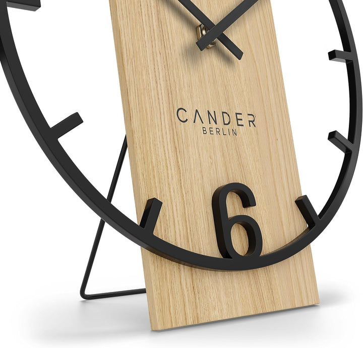 Cander Berlin Melora Tischuhr lautlos 20 cm Metall Holzzeiger ohne Tickgeräusche modern schwarz Wohn