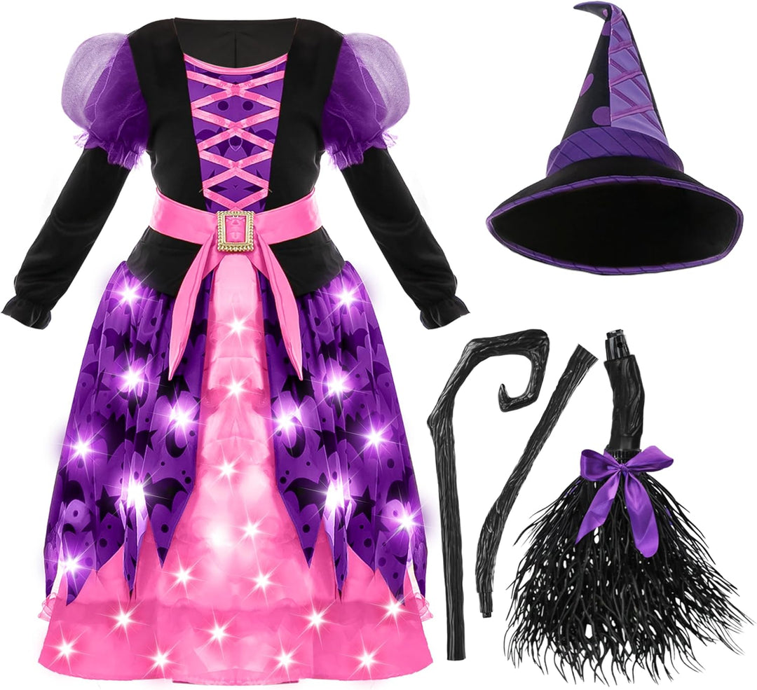 Hexenkostüm für Mädchen, rosa Druck Hexerkostüm, Light-up Hexen Halloween Kostüm Kleid UP, Rosa