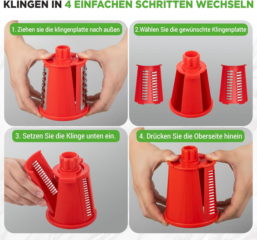 NutriChef Käsereibe mit Kurbel - Gemüsereibe inkl. 5 Trommelblättern - Ideal für Käse Gurken Karotte