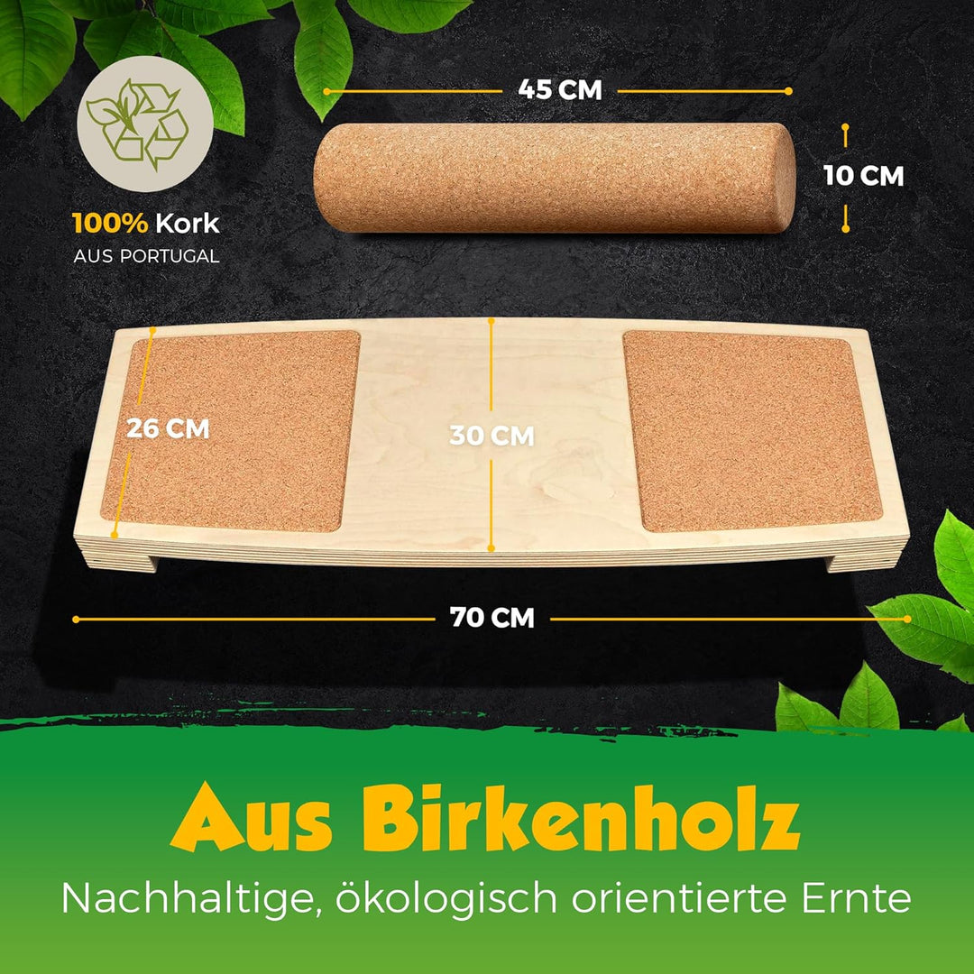 Balance-Board mit Korkpads & Korkrolle | 70 x 30 cm | Gleichgewichtsbrett | Wackel-Brett | Koordinat