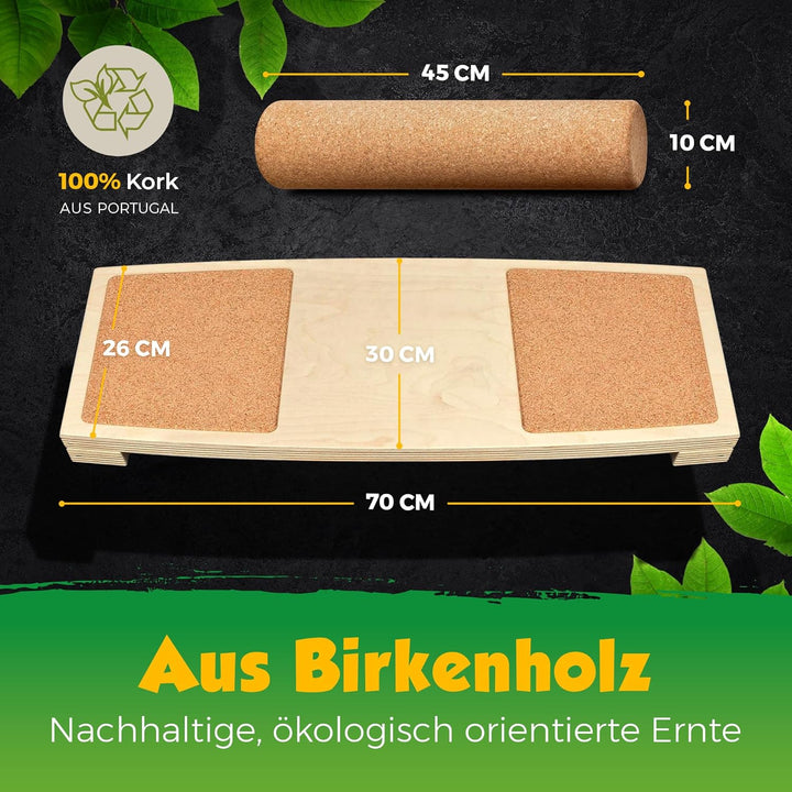Balance-Board mit Korkpads & Korkrolle | 70 x 30 cm | Gleichgewichtsbrett | Wackel-Brett | Koordinat
