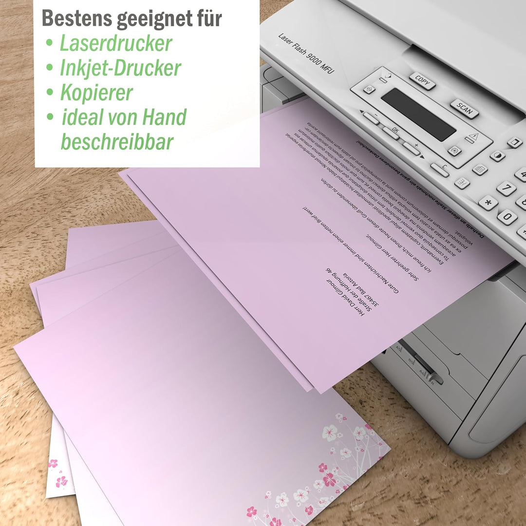 Briefpapier-Set 50-tlg. "Blumenranken LILA", 25 Blatt Motivpapier 90g/qm und 25 passende Kuverts DIN