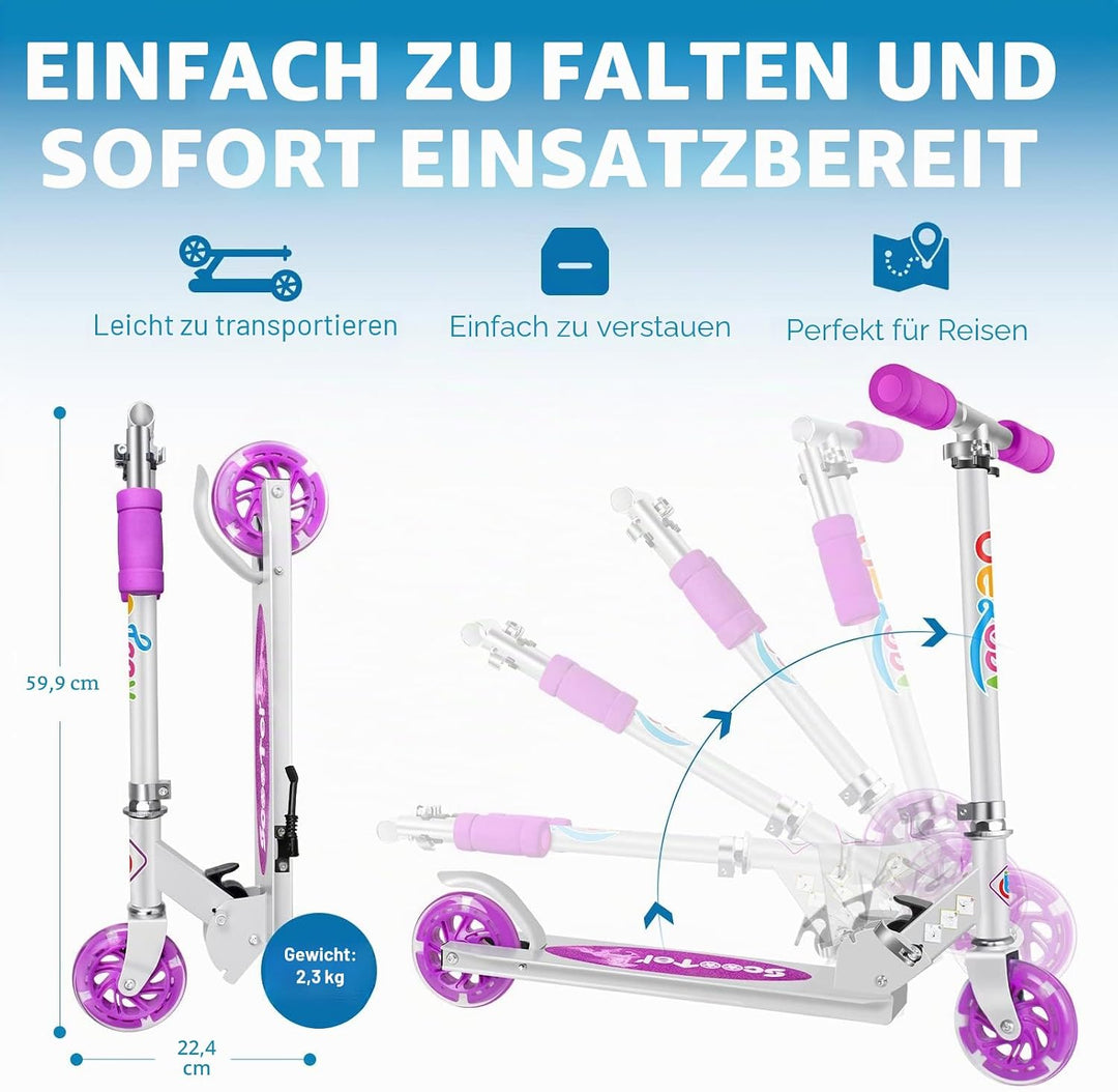 BELEEV V1 Roller Kinder 2 Räder, Klappbar Kinderroller für Mädchen Jungen, Tretroller mit LED Leucht