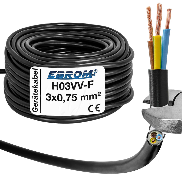 EBROM Kunststoff Schlauchleitung RUND, Kabel, Stromkabel, Leitung, Gerätekabel H03VV-F 3x0,75 mm² Fa