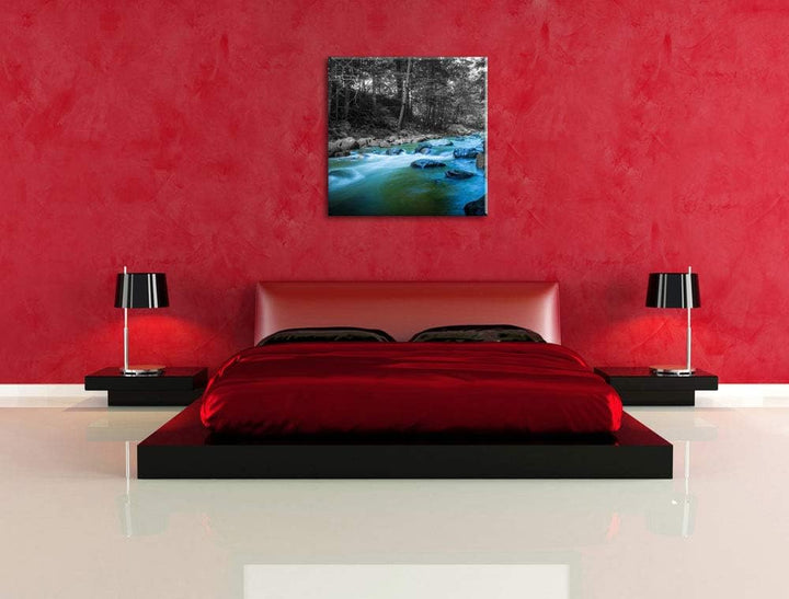 Pixxprint schöner Fluss im Wald mit Steinen schwarz/weiss, Format: 70x70 auf Leinwand, 70x70