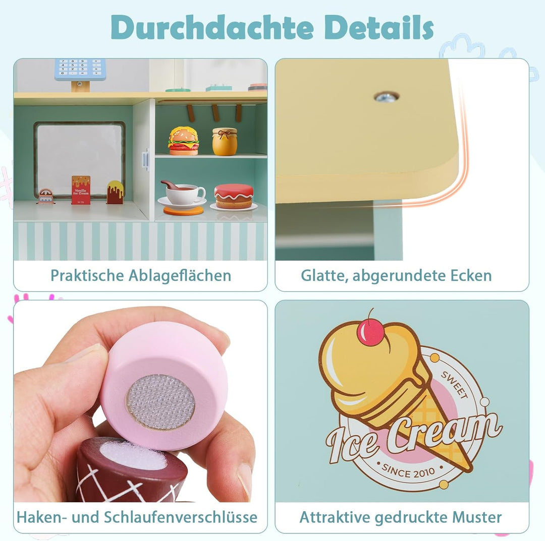 DREAMADE Kinder Eiswagen mit 15 Zubehör, Kaufladen aus Holz mit 2 Rädern &amp; Markise, Eisstand Einkauf