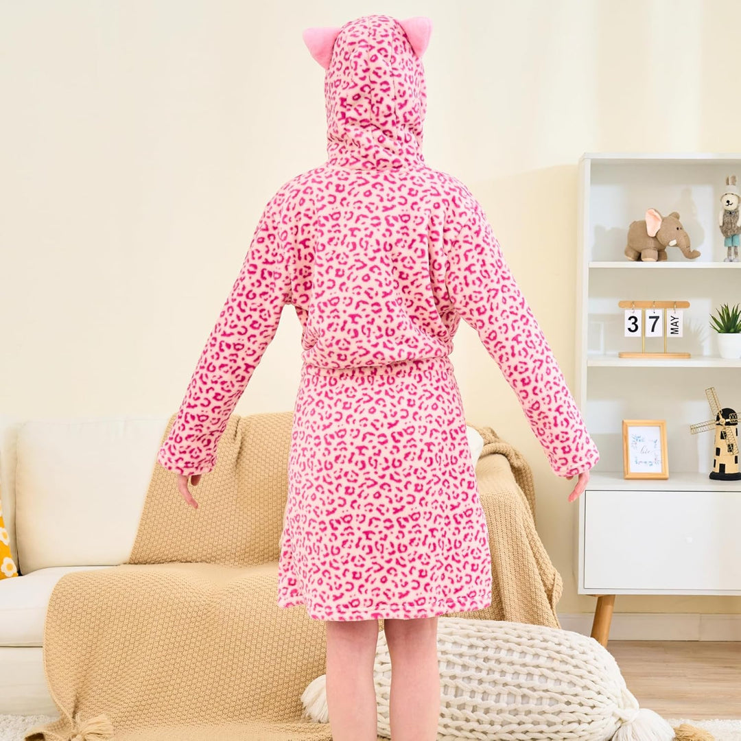 Katzen Bademantel für Mädchen Weiches Fleece Morgenmäntel mit Kapuze und Katzenohren Leopard Rosa 5-