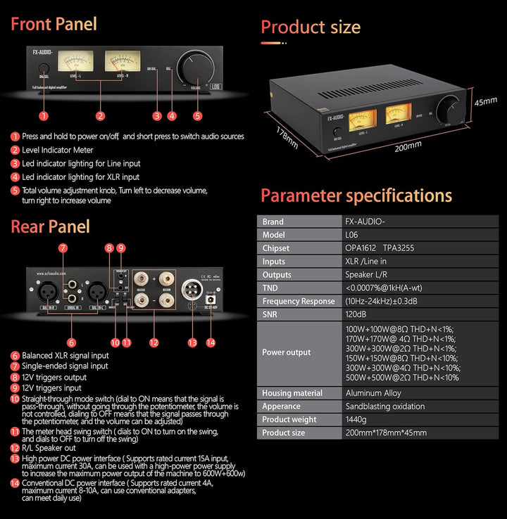 FX-Audio- L06 Vollständig symmetrischer Leistungsverstärker mit VU-Meter – 500 W + 500 W Dual-TPA325