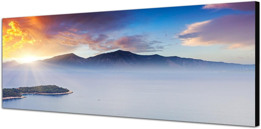 Paul Sinus Art Panoramabild auf Leinwand und Keilrahmen 150x50cm Montenegro Balkan Berge Nebel Meer