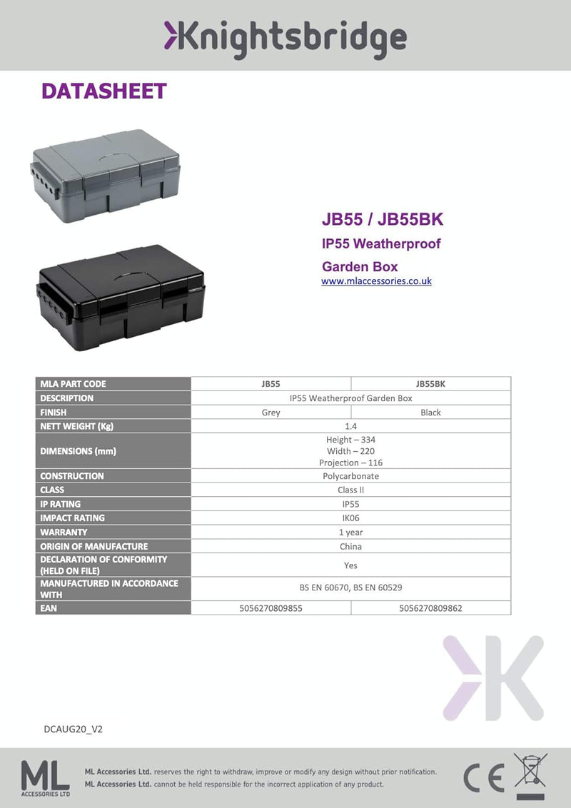 Knightsbridge JB55BK IP55 Wetterfeste Elektrische Box für Aussen - Schwarz, 116,0 mm* 334,0 mm* 220,