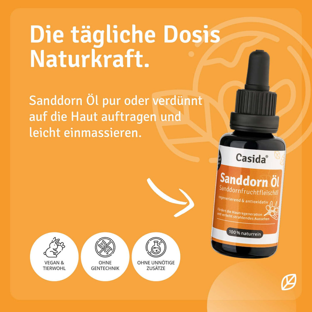 Casida® Sanddornöl - Sanddornfruchtfleischöl naturrein - Hautpflege Öl für intensive Pflege und Rege