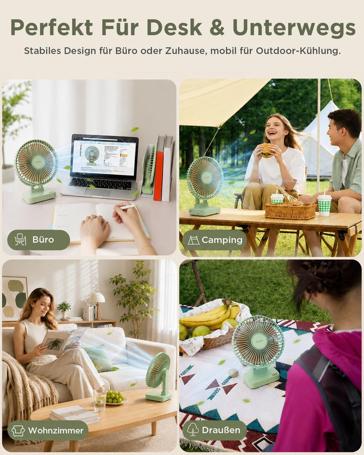 Funme Tischventilator 10000mAh Akku 29H, 90° Neigbar 3-Stufen Desktop Ventilator Leiser, Ventilator