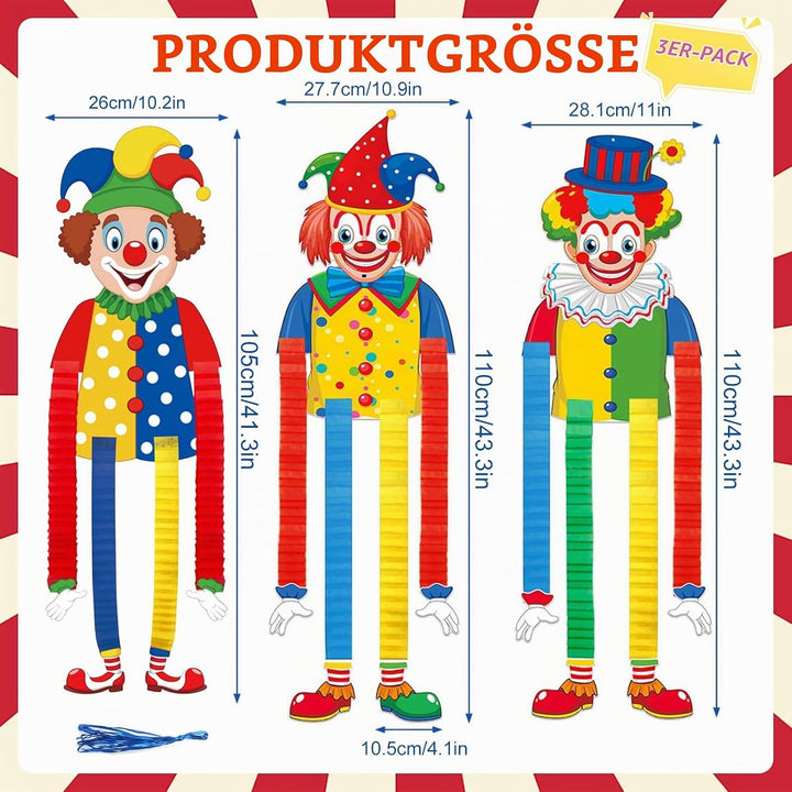 3pcs Clown Deko Karneval,Clown Banner Karneval,Clown Deko Hängend,Clown Luftschlangen Karneval Girla