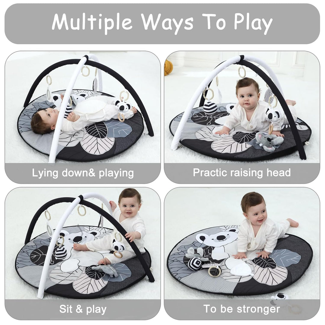 4 IN 1 Spielbogen Baby, Schwarz und weiss Spielmatte Babies mit 5 abnehmbaren Spielzeugen zum Greife
