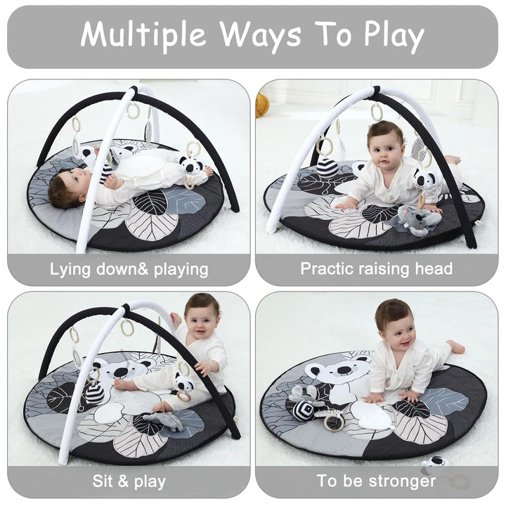 4 IN 1 Spielbogen Baby, Schwarz und weiss Spielmatte Babies mit 5 abnehmbaren Spielzeugen zum Greife