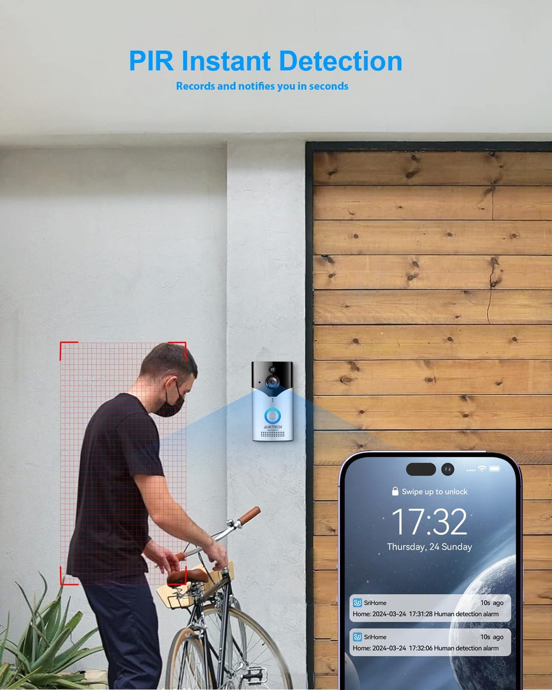 AUKTECH Türklingel mit Kamera, 4MP Video Türklingel Kabellos Akku mit Chime, 2.5K FHD Nachtsicht, PI