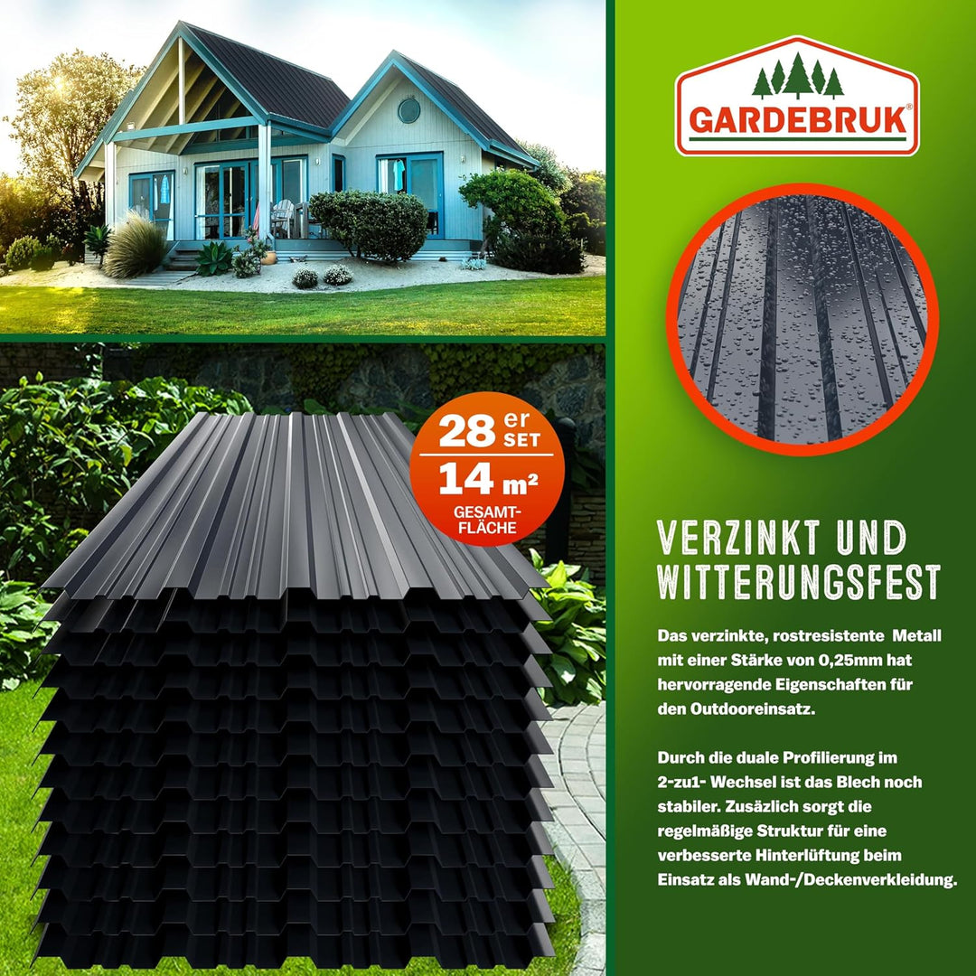 GARDEBRUK® 28x Trapezblech 110x46cm = 14m² Verzinkt Rostresistent Wetterfest Profilblech Dachblech W
