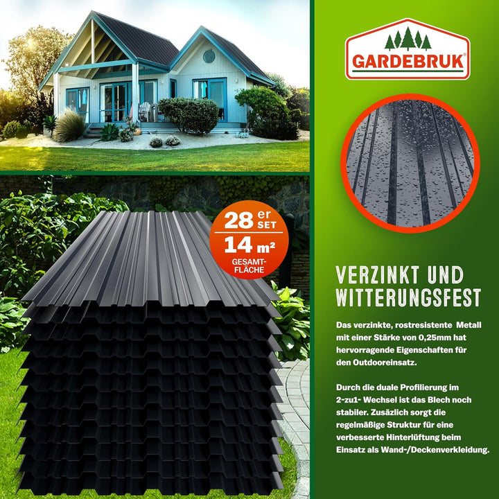 GARDEBRUK® 28x Trapezblech 110x46cm = 14m² Verzinkt Rostresistent Wetterfest Profilblech Dachblech W