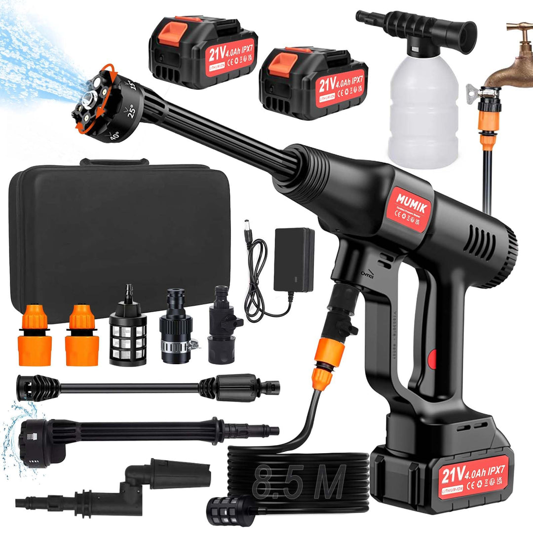 Akku Hochdruckreiniger, 60 Bar/870 PSI Mobiler Hochdruckreiniger, 2x4,0AH IPX7 Akkus, 6-in-1-Düse un