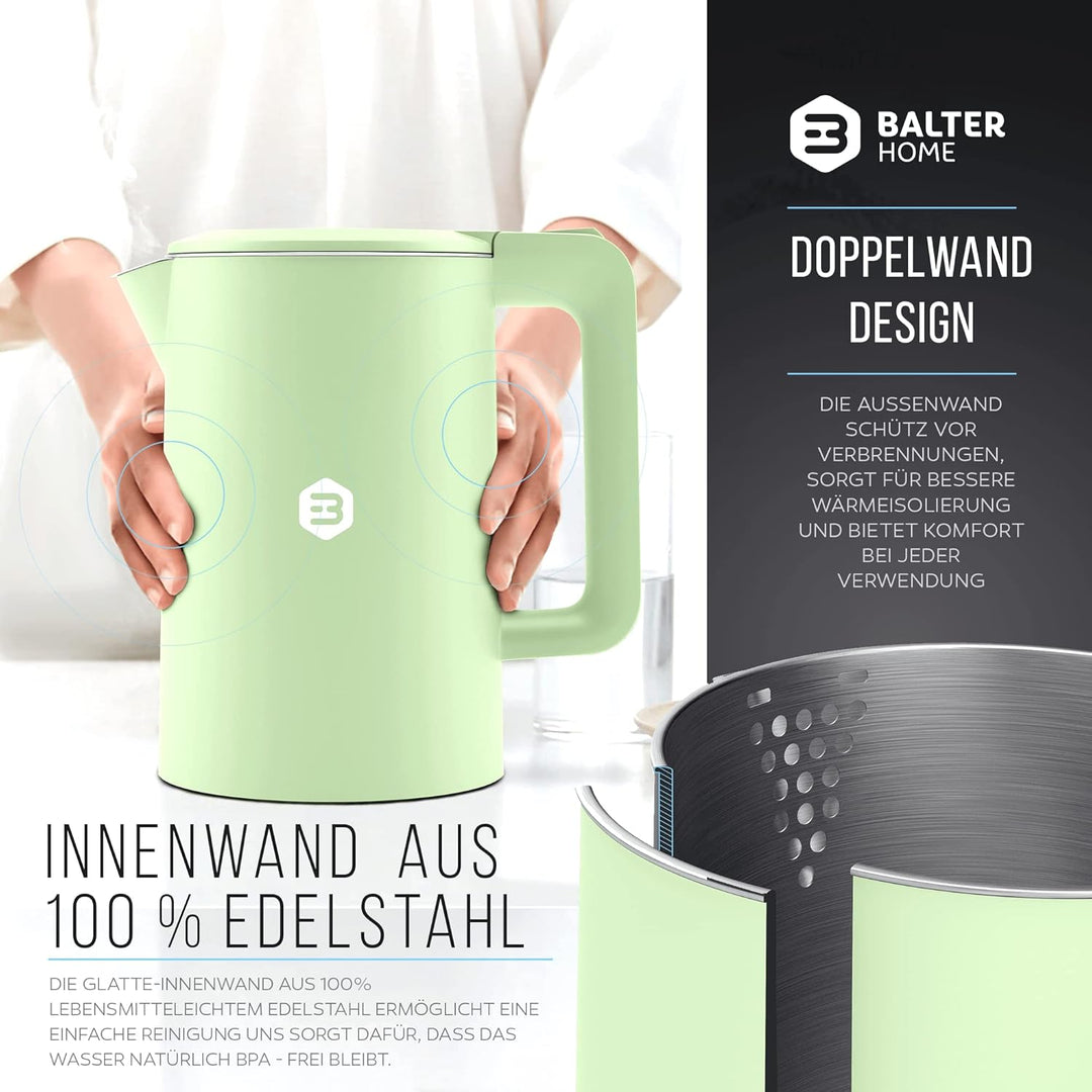Balter Wasserkocher Edelstahl WK-4, 1,7 Liter, elektrischer Wasserkocher, Doppelwand Design, BPA fre