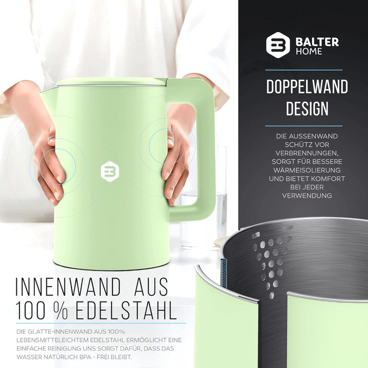 Balter Wasserkocher Edelstahl WK-4, 1,7 Liter, elektrischer Wasserkocher, Doppelwand Design, BPA fre