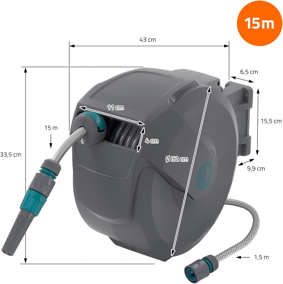 ECD Germany Schlauchaufroller 15m+1,5m, Schlauchtrommel, Wand-Schlauchbox RollUp mit Arretierstop un