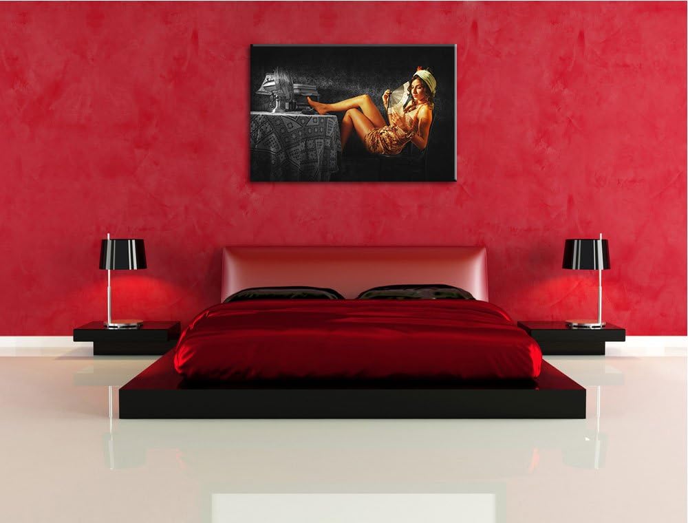 altmodische Dame mit Fächer und Drink schwarz/weiss Format: 100x70 auf Leinwand, XXL riesige Bilder