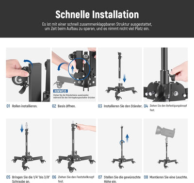 NEEWER 2er Pack Schwerlast Lichtstativ mit Rollen, 2,4Fuss max. Höhe, Faltbarer Stativständer für Au