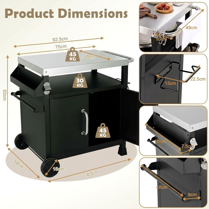 TLSUNNY Grilltisch Outdoor, Grillwagen mit Edelstahl Tischplatte 75x50 cm, Grill Trolley mit Untersc