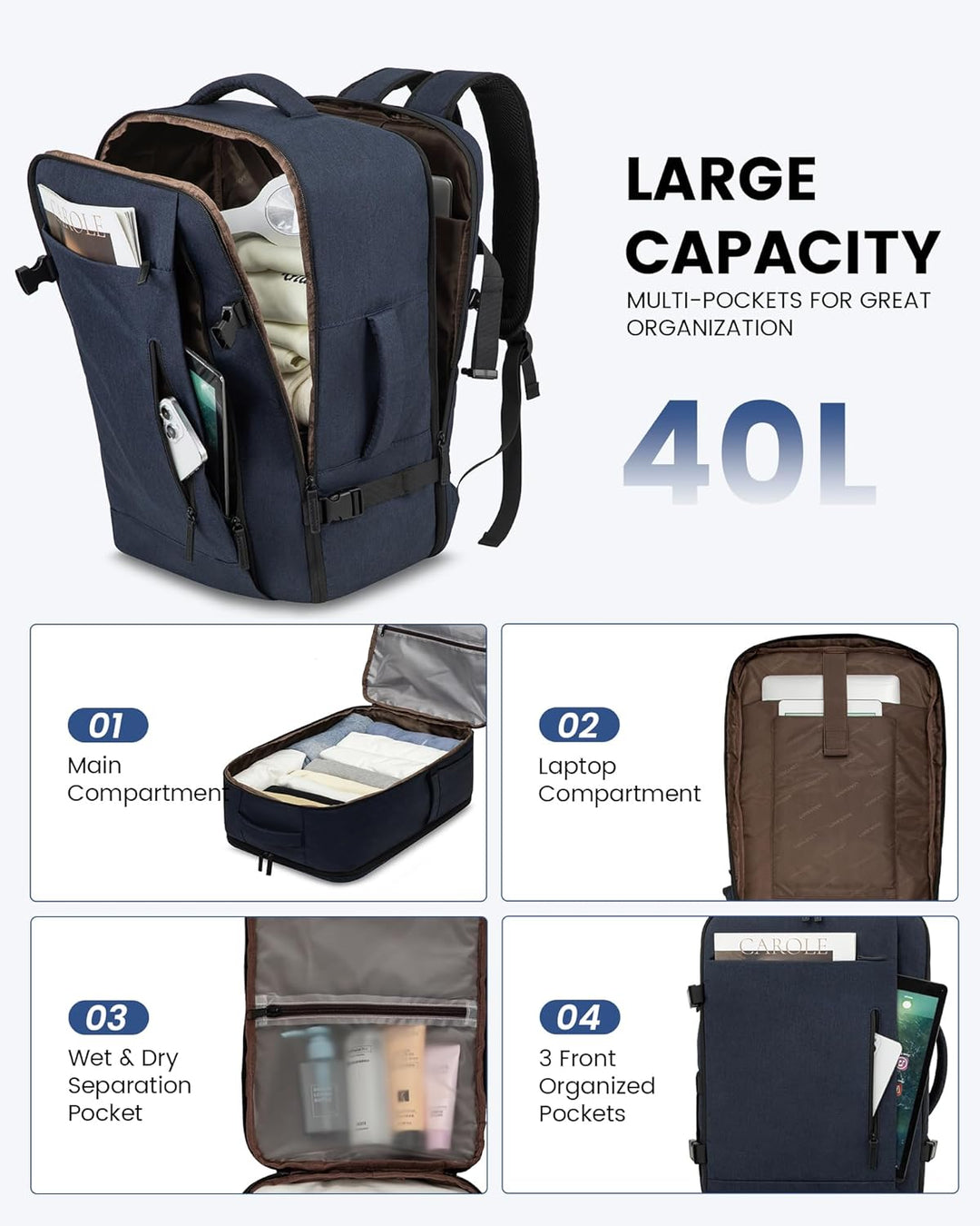LOVEVOOK Reiserucksack Handgepäck Flugzeug, 40L Gross Rucksack Kofferrucksack Travel Backpack Carry