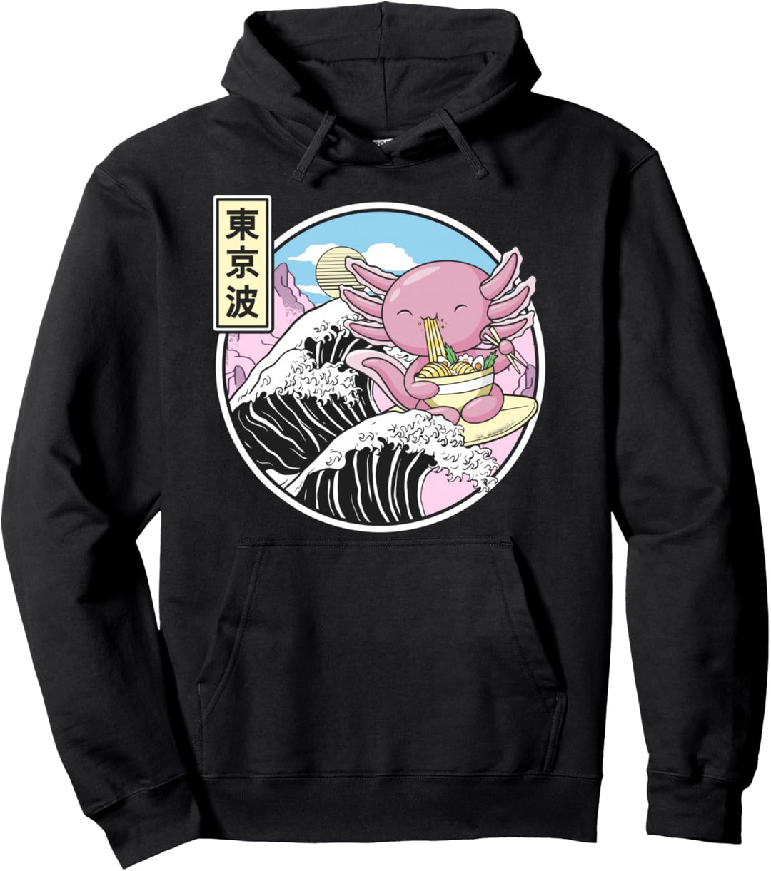 Axolotl Essen Ramen Kanagawa Welle Anime Vaporwave Kawaii Pullover Hoodie