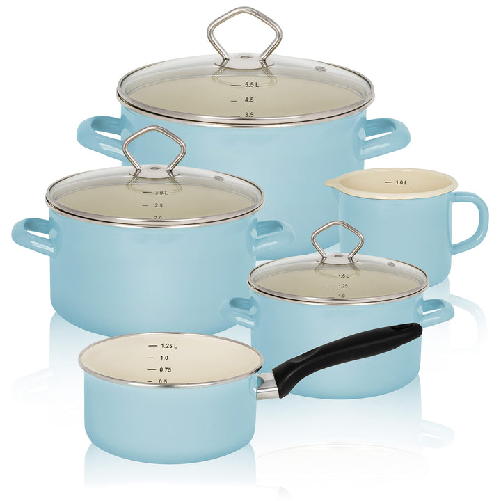 Krüger Emaille-Set Sylt 5 teilig - Emaille-Topfset aus Fleischtopf, Stieltopf und Milchtopf - Töpfe