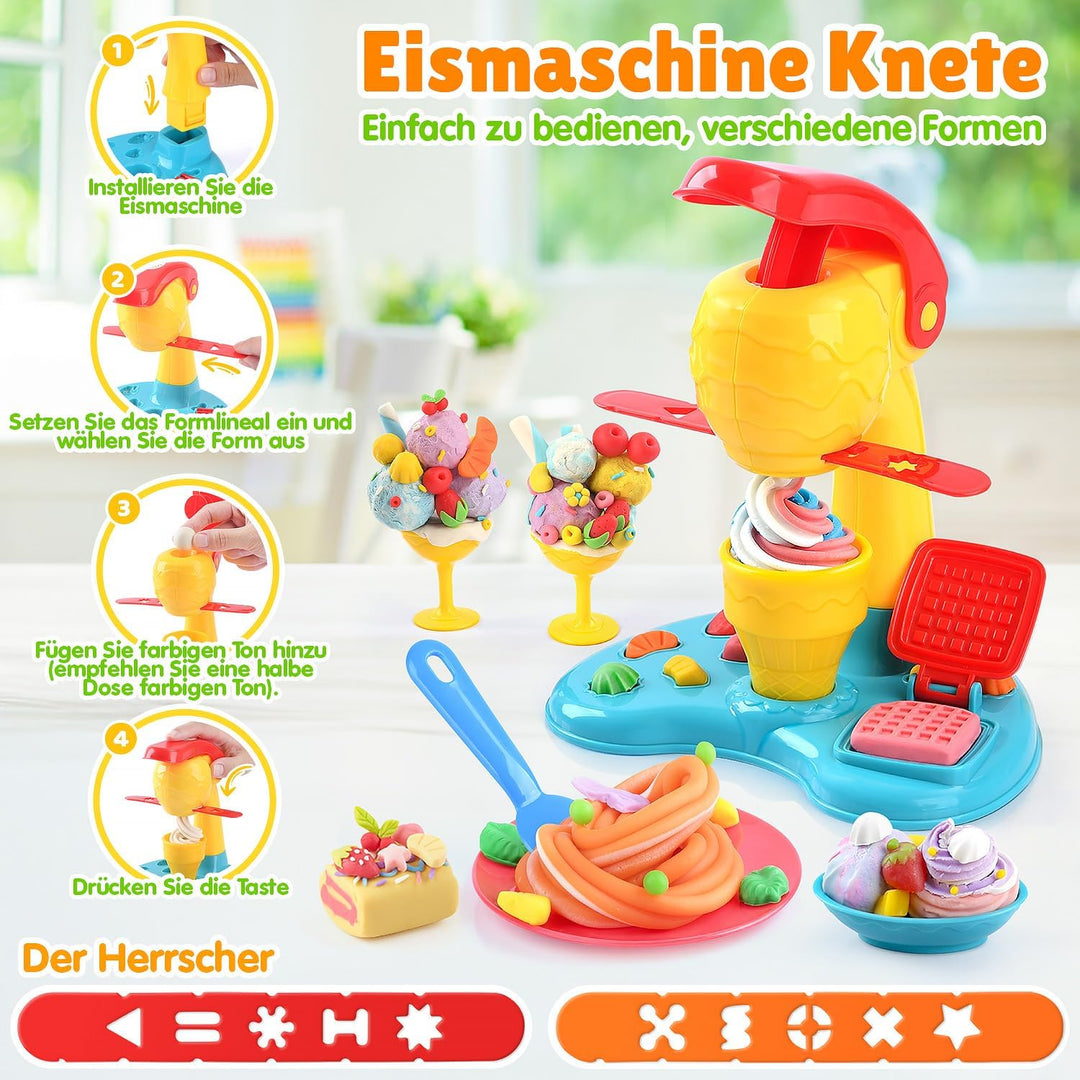 PLAY 2 in 1 Knete Set Zubehör Kitchen Creations, DIY Knete Eismaschine Pizzaofen, 37 Pcs Kinderknete
