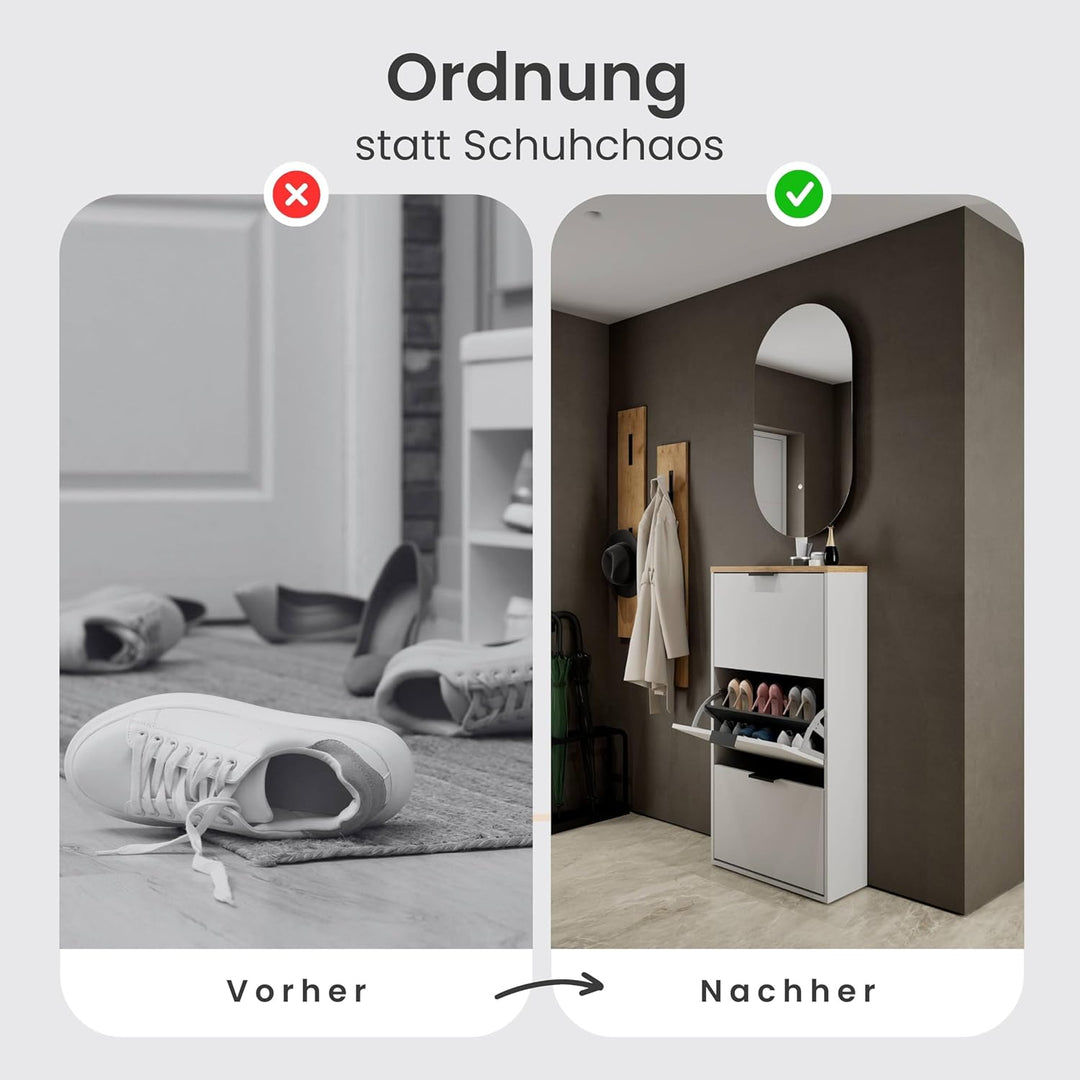 Planetmöbel Schuhschrank schmal mit 3 Klappen platzsparender Schuhregal mit 6 Ablagen, Schuhkommode