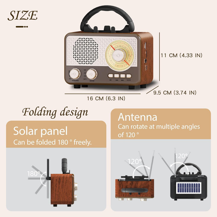 Radio Tragbar AM/FM/SW Outdoor Solar Retro Radio mit Bluetooth Lautsprecher Klein mit Stromkabel,Küc