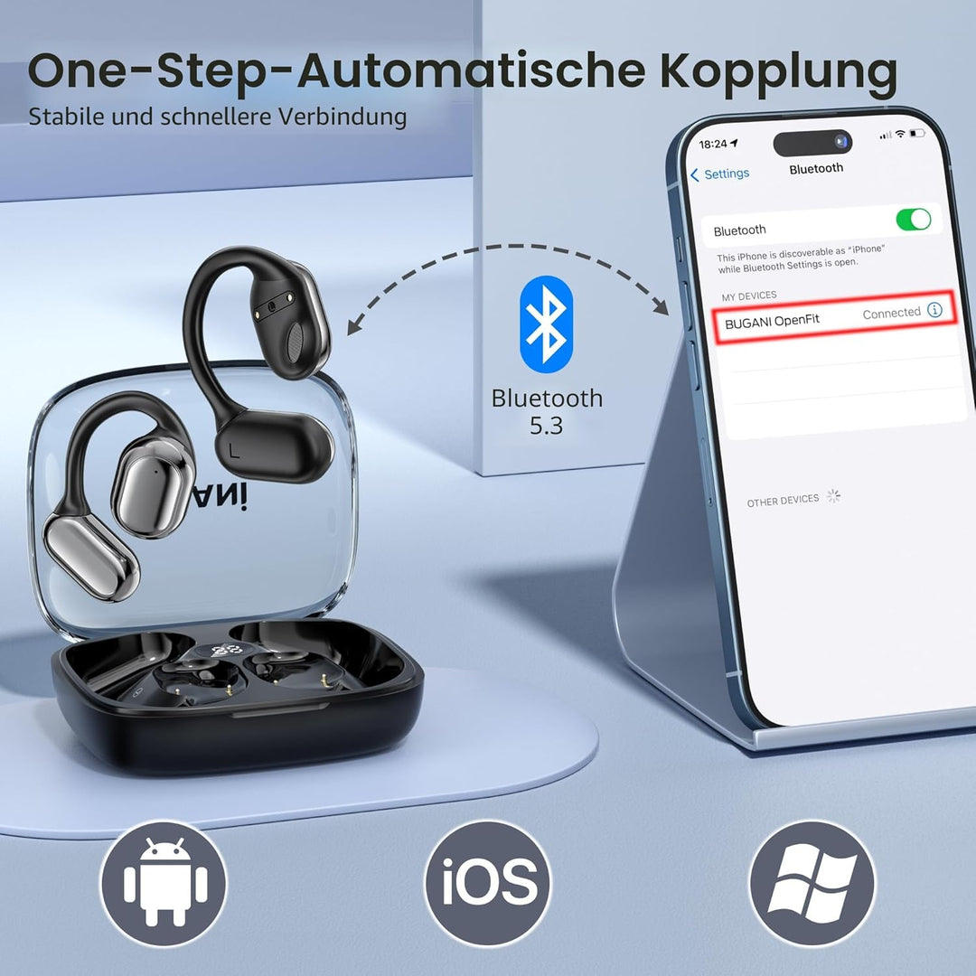 BUGANI Open Ear Kopfhörer, Ohrhaken Kopfhörer Kabellos Bluetooth IPX6 Wasserdicht, 30H Laufzeit, Blu