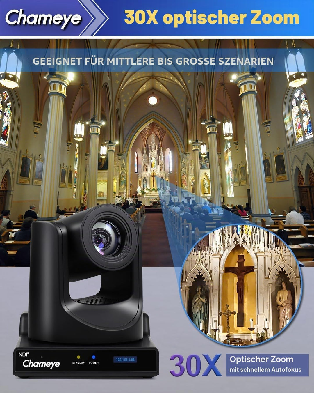 Chameye NDI PTZ Camera 30x Optical Zoom AI Auto Tracking PTZ Camera with LCD Display, NDI 3G-SDI IP