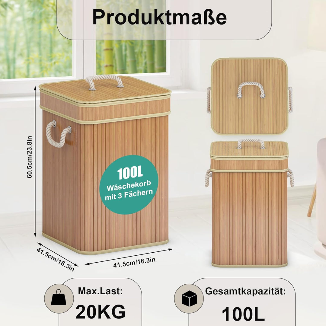 AdelDream Wäschekorb 100L Bambusoptik mit Deckel & Griffen, 2-Fach Wäschesammler Faltbar, Wäschebox