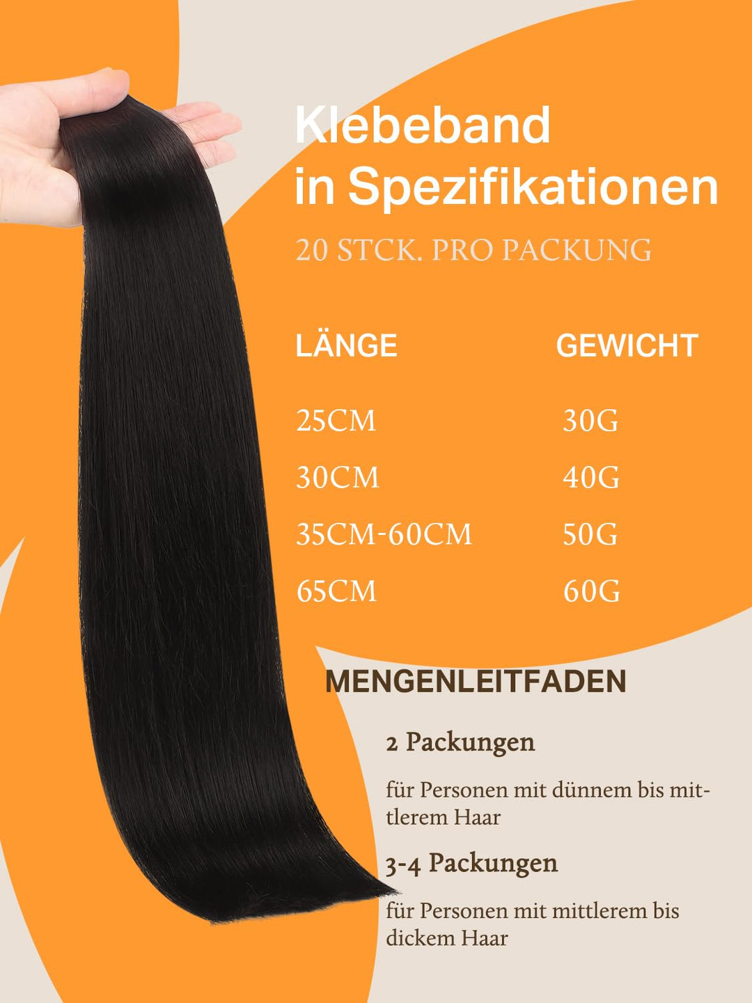 DOORES Extensions Echthaar Tape in, Tief Schwarz 55cm (22zoll) 50g 20pcs, Remy Haarextension Tape in