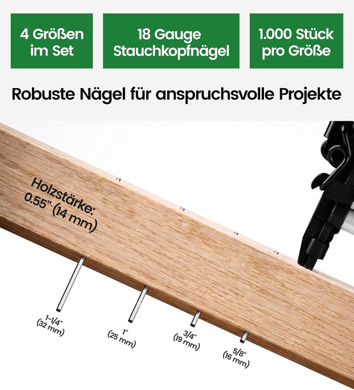 meite Stauchkopfnägel 18GA, 4.000 Stück Sortiment in 4 Grössen (16mm, 19mm, 25mm, 32mm), Verzinkte T