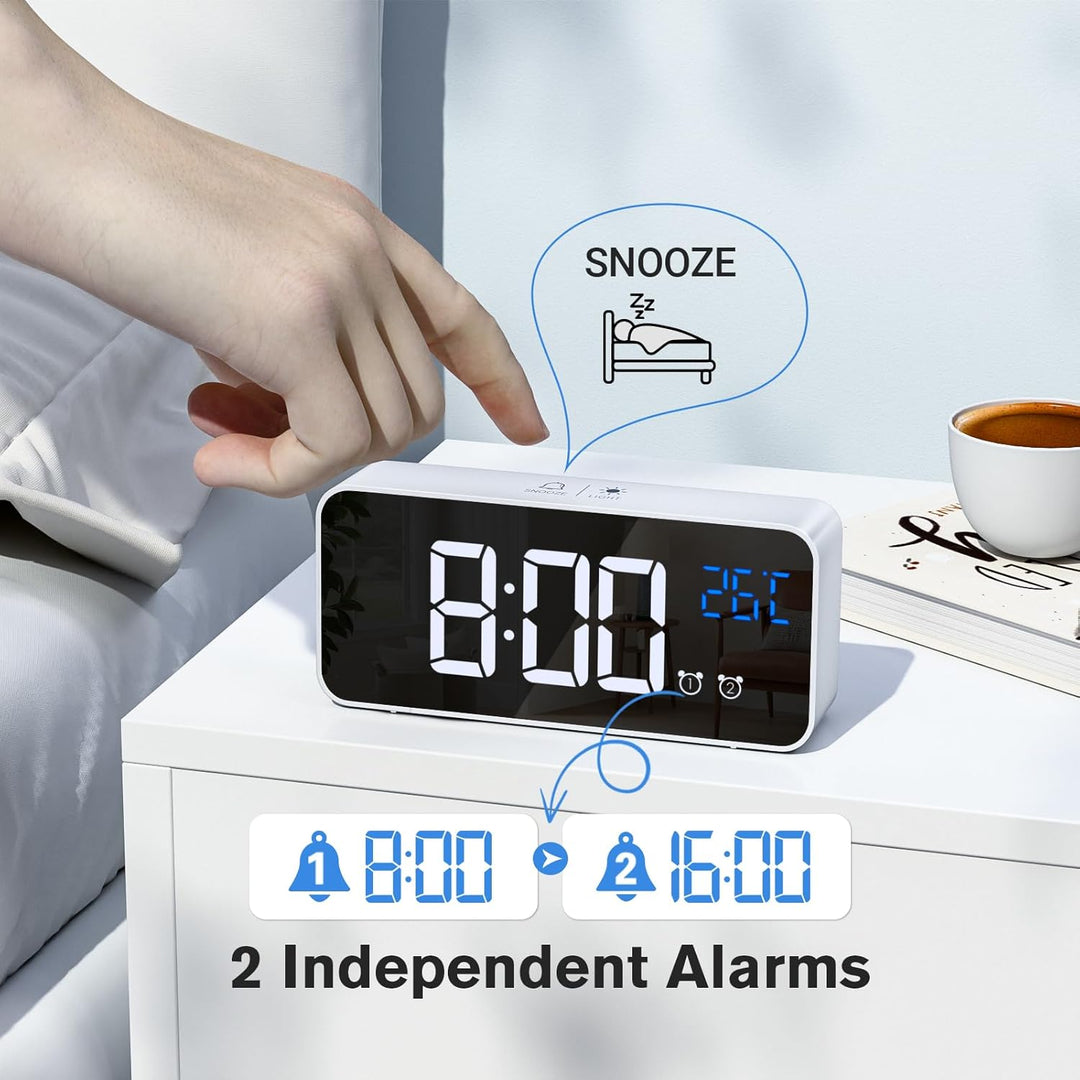 Wecker Digital, LED Digitaluhr mit Temperaturanzeige Tragbarer Spiegelalarm Tischuhr mit 2 Alarmen 1