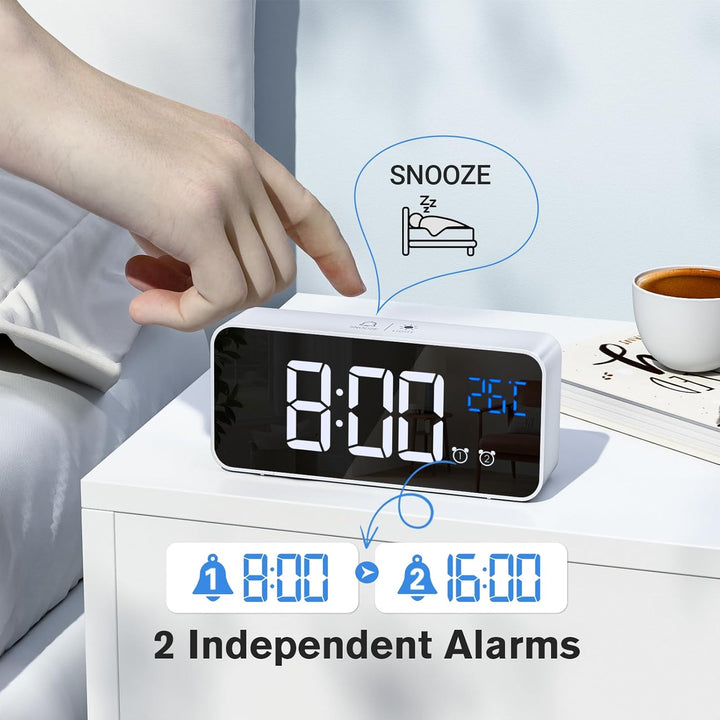 Wecker Digital, LED Digitaluhr mit Temperaturanzeige Tragbarer Spiegelalarm Tischuhr mit 2 Alarmen 1