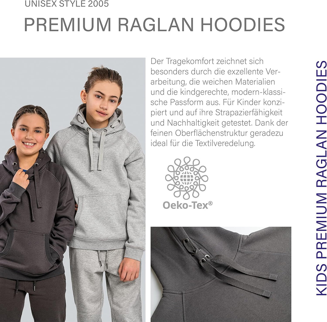 HRM Unisex Kid‘s Premium Raglan Hoody, dunkelgrau I Fair Trade Hoodie Kinder mit Kapuze, 320 g/m² I
